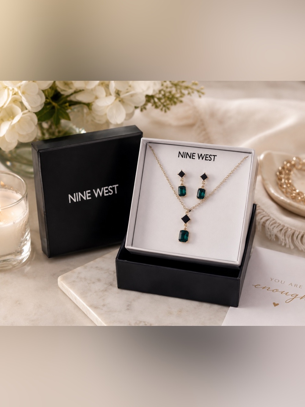 Nine West Emerald Green Crystal Necklace & Earring Set NIB